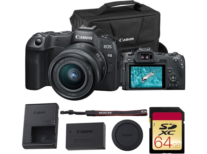 Canon EOS R8 Mirrorless Camera – 24.2MP Full-Frame RF Camera with 4K 60p Video, Dual Pixel AF II & Lightweight Design (with 24–50mm Kit) (5803C012) + 64GB Memory Card + Canon Shoulder Bag