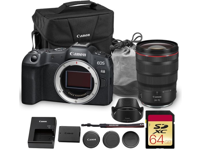 Canon EOS R8 Mirrorless Camera | 24.2MP Full Frame Sensor 4K 60p Video | Compact Lightweight Hybrid Camera for Travel and Content (3680C002) + Canon RF 24-70mm Lens + 64GB Card + Bag
