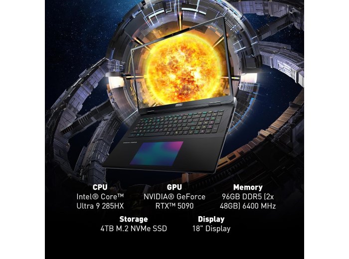 msi Titan 18 HX AI 18" 120Hz MiniLED UHD+ Gaming Laptop: Intel Ultra 9-285HX, NVIDIA Geforce RTX 5090, 64GB DDR5, 6TB NVMe SSD, Thunderbolt 5, Wi-Fi 7, Win 11 Pro: Black A2XWJG-614US
