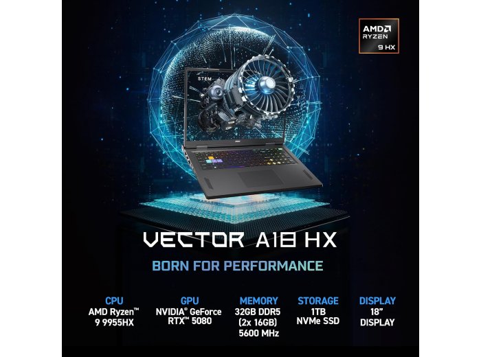 msi Vector A18 HX 18” 240Hz QHD+ Gaming Laptop: AMD Ryzen 9-9955HX, NVIDIA Geforce RTX 5080, 32GB DDR5, 1TB NVMe SSD, Type C, Wi-Fi 7, Win 11 Home: Cosmo Gray A9WIG-065US
