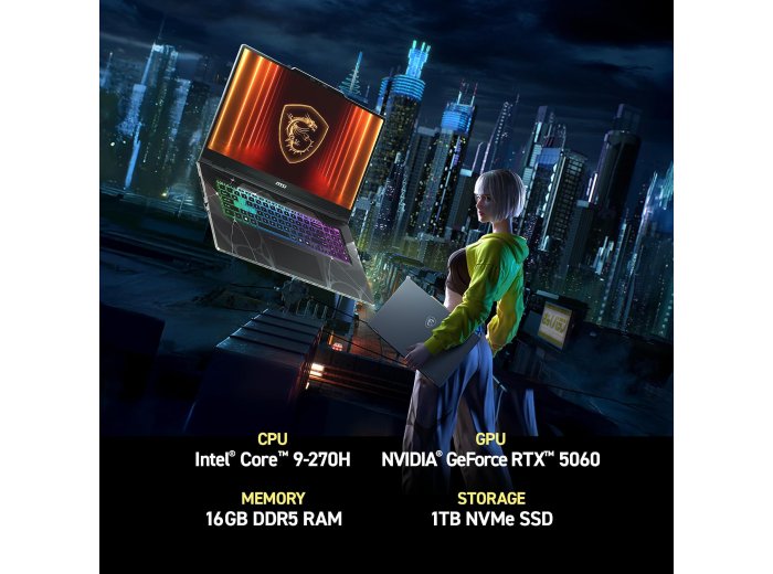 msi Cyborg 17 17.3" FHD 144Hz Gaming Laptop: Intel Core 7-240H, NVIDIA Geforce RTX 5060, 16GB DDR5, 1TB NVMe SSD, Type C, Wi-Fi 6E, Win 11 Home: Translucent Black B2RWFKG-074US