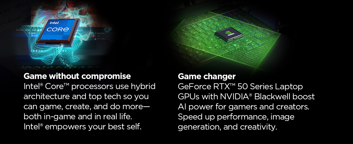 Intel Core and RTX 50 GPUs power smooth gaming, content creation, and AI-enhanced performance.